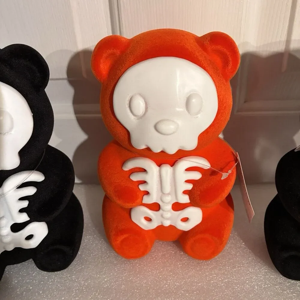 Halloween Skeleton felt Bears, 2 black and 1 orange 7 inches tall. New with Tags